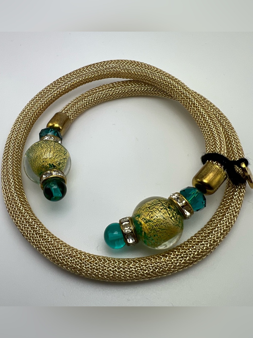 Vintage Stauer Murano GoldTone  Mesh Wrap Bracelet blue Glass Beads Signed Italy